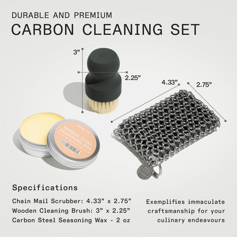 Madein Made In Cookware - 3-Piece Carbon Steel Cleaning Set - Includes Chain Mail Scrubber, Cleaning Brush and Carbon Steel Seasoning Wax - Image 4